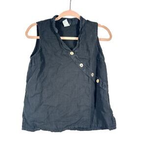 MATCH POINT Black Linen Sleeveless Blouse Top Asymmetrical Buttons - Sz Small